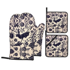 NELife Bats and Flower Oven Mitts and Pot Holders Sets of 4,Resistant Hot Pads with Polyester Non-Slip BBQ Gloves for Kitchen,Cooking,Baking,Grilling