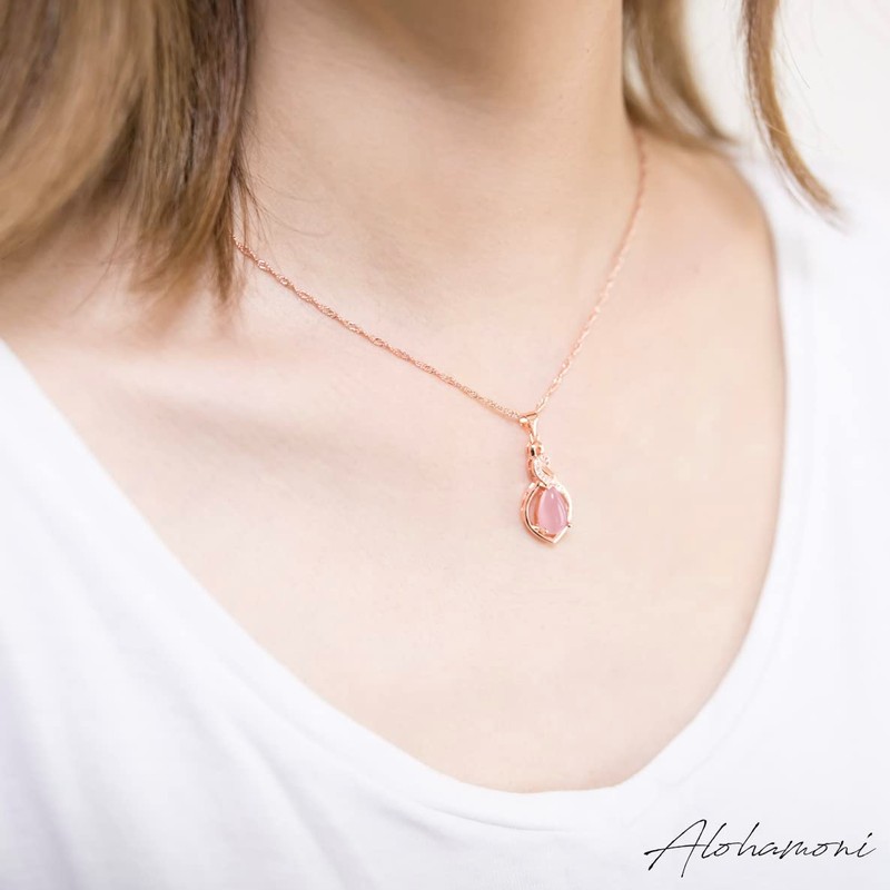 ALOHAMONI Pink Opal Necklace Cubic Zirconia CZ Diamond Pink Gold