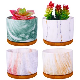 ROSE CREATE 4 pcs 4 Inches Ceramic Marbleizing Style, Big Planters with Bamboo Trays (Colorful)
