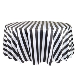Your Chair Covers - 132 in. Round L'Amour Tablecloth - Premium Wedding Tablecloth for 6 ft. Round Banquet Tables - Black/White Striped