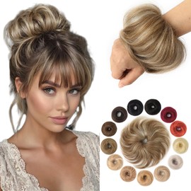 KISANOF Messy Bun Hair Piece Human Hair Honey Brown Highlighted Bleach Blonde UElegant Chignon with Elastic Rubber Band(1 Count #P6-613 Honey Brown Highlighted Bleach Blonde）