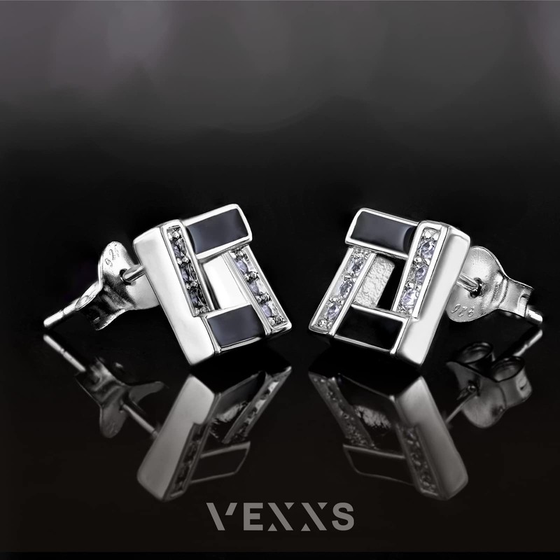 VEXXS Men's Earrings, 925 Silver, CZ Diamond, K14, Simple, Gold,