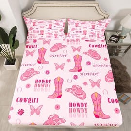 Cowgirl Boots Fitted Sheet,Western Tribal Horseshoe Cap Cowhide Print Soft Decorative Fabric Bedding Pink Butterfly Stars Daisy Flowers Graffiti Pocket Twin Size with 1 Pillowcase