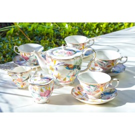 Grace's Teaware Grace Teaware Spring Flowers with Hummingbird Fine Porcelain Fluted Cups Tea Set