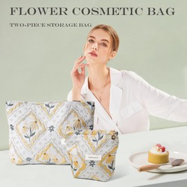 PLOPONOM 2 Pieces Travel Makeup Bag,Large Capacity Cosmetic Bags for Women,Sage Green Flower Relief Cosmetic Organizers,Portable Toiletry Bag,Seal with Zipper