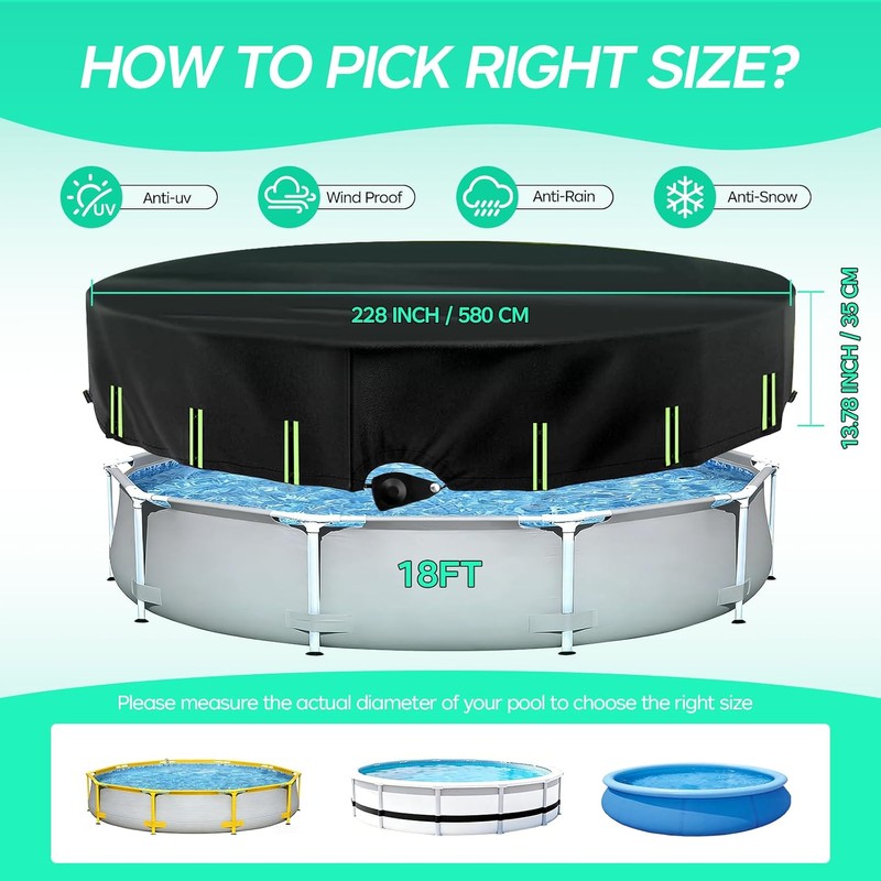 18 Ft Round Pool Cover with Reflective Strips Quick Tightening