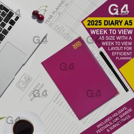 G4GADGET Luxury 2025 Week to View Diary Hardback Cover 80GSM Paper for Business Office & Home A5 Purple 30cmx21cm