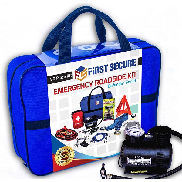 First Secure - 90 Piece Car Emergency Roadside & First Aid Kit Inside - Long-Lasting Quality - Essential Emergency Tool Kit - Survival & Safety Solution - Peace of Mind on the Road