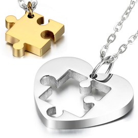 Cupimatch Couples Necklace 2 Pieces Stainless Steel Love Heart Puzzle Matching Pendant, Chain Included, Silver Gold for Fathers Day
