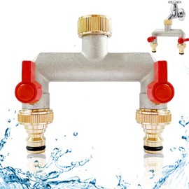 2 Wege Verteiler Wasser, 2-Wege Wasserhahn Wasserverteiler, 3/4 Zoll Messing Wasseranschluss Verteile, Gartenschläuche mit 3/4" Adapter, Kugelhahn zum Einstellen und Absperren des Wasserflusses ﻿
