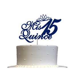 Mis Quince - Decoración para tartas con purpurina de quinceañera, 15 ideas de decoración para fiestas de cumpleaños, decoración de alta calidad, purpurina resistente de doble cara, palo acrílico. Fabricado en Estados Unidos (azul)