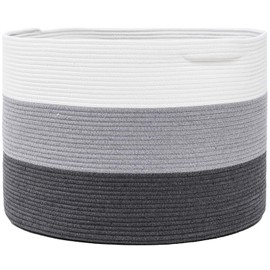 24" x 24" x 17" Max Size Large Cotton Rope Basket, Extra Large Storage Basket, Woven Laundry Hamper, Cloth Storage Bin, for Blankets Clothes Towels Pillows in Living Room, Grey/Dark Grey