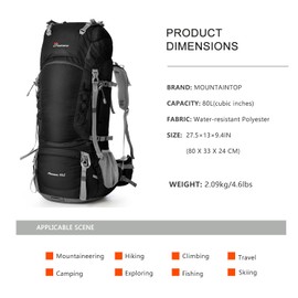 MOUNTAINTOP 80L Internal Frame Backpack for Man & Women Backpacking Hiking Backpack with Rain Cover,Black