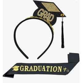 Losuya Black Gold Grad Cap Headband and Graduated Sash Bachelor Cap Headband Sash for Graduation Party Dress up Favors
