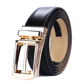 Tonywell Mens Leather Ratchet Belts with Open Buckle Perfect Fit Dress Belt (One Size:32"-45" Waist, Black Leather & Gold style Metal Buckle)