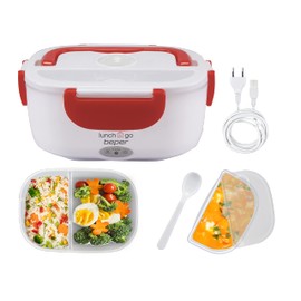 Beper Lunch & Go - Wärmende Lunchbox, tragbarer elektrischer Speisenwärmer, 2 herausnehmbare Behälter, Stahlheizplatte, mitgeliefertes Plastikbesteck, 220 V - Rot