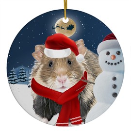 Festive Winter Night Pet and Snowman Ornament - European Hamster Christmas Ornament Circle Ceramic - Funny Holiday Xmas Tree Decoration Gifts for Hamster Lovers