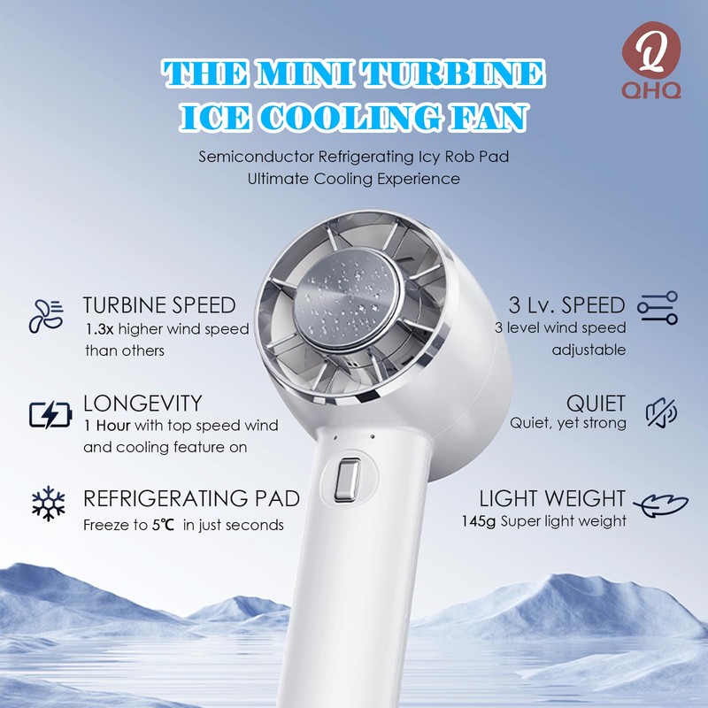 QHQ Ice Cooling Handheld Fan, Refrigerating Ice Cooling Pad Built-in