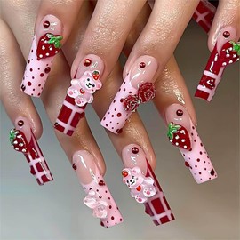 RUOKEXIN Long Press on Nails Coffin Fake Nails Red Pink French Tip False Nails with 5D Strawberry Flower Designs Cute Little Bear Nail Press ons Artificial Nails Natural Stick on Nails for Women 24Pcs