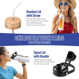 Kodrine Water Bottle with Straw, 24 oz Glass water Bottle with 2 Lids Bamboo Straw Lid and Spout Lid with Handle, Clear Water Bottle Glass for Sports Travel, Waterbottle with Time Marker, White