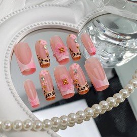24Pcs 3D French Tip Press on Nails Long Square Flower Fake Nails with Rhinestones Design Pink False Nails Leopard Coffin Tip Stick on Nail Spring Summer Acrylic Nail Floral Glue on Nails for Women