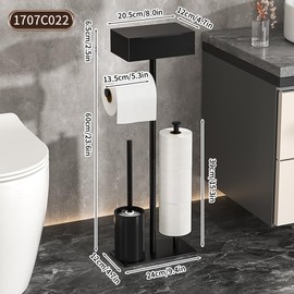 Freestanding Toilet Paper Holder Stand with Storage Box, Tissue Dispenser, Brush Holder, Black Metal, 23.6 x 9.4 x 4.7 Inch, 3-Roll Reserve