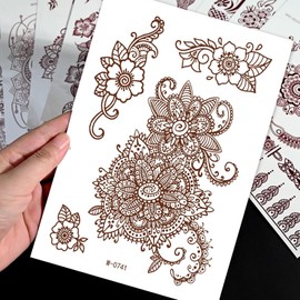 6 Sheets Henna Tattoos Temporary Stickers Reddish Brown Floral Geometric Waterproof Henna Tattoos for Women Indian Diwali Supplies Wedding Party Festivals Decoration