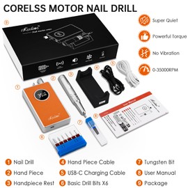 Kredioo Nail Drill Professional Super Quiet with Coreless Motor 35000RPM Electric File 6+1 Tungsten Bits Kit Portable Strong Drill para uñas Profesional Remove Acrylic Nails Dip Powder-Orange