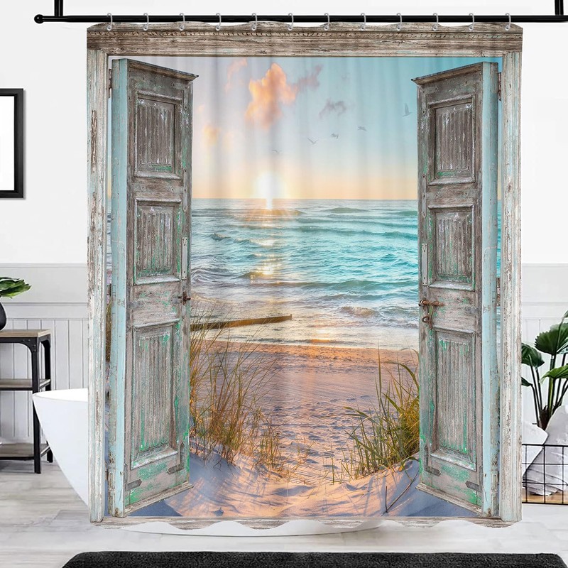 Boho Beach Coastal Shower Curtain, Teal Ocean Sunrise Seaside Seascape