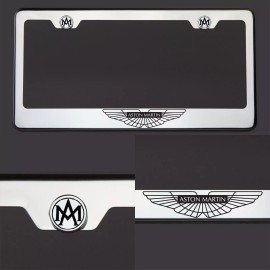 KA Chrome Aston Martin Logo Black Letter Laser Etched Engraved License Plate Frame