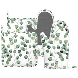 DYCBNESS Eucalyptus Oven Mitts Pot Holders Set Green Leaves Plant Silicone Kitchen Oven Mitts Heat Resistant Sage Green Eucalyptus Potholders Non-Slip 4pcs Hot Pads and Oven Gloves Sets for Cooking