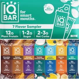 IQBAR Brain and Body Plant Protein Bars - 7 Bar Sampler Pack - Low Carb, High -