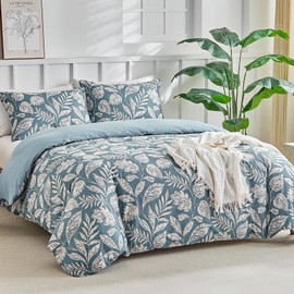 Lekesky Duvet Cover Queen Size, Reversible Teal Blue Floral Comforter Cover Set Queen Size 3pc, Soft 100% Washed Microfiber Breathable Bedding Sets with Zipper Ties and 2 Pillowcases