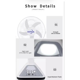 konga 16 Inch Rechargeable Solar Fan, Table Fan, Wall Fan, Dual Use, with Night Light
