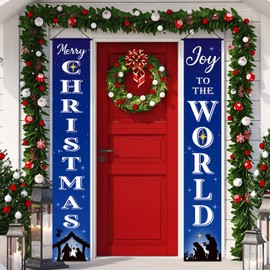 Christmas Nativity Porch Sign Banner Merry Christmas Door Banner Joy to the World Jesus Religious Banner Front Porch Holy Nativity Christmas Decorations for Home Xmas Holiday Front Door (Blue Style)