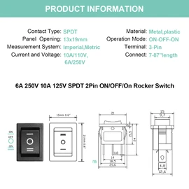 QTEATAK 5Pcs On/Off/On Boat Toggle Rocker Switch 3 Pin 3 Position Snap 12V 110V 250V