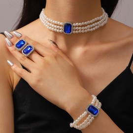 MXUHUI Pearls Layered Choker Necklaces Multilayer Faux Pearl Bracelet Crystal Earrings Jewelry Set 1920s Choker Necklace Bridal Wedding Party Jewelry (Blue)