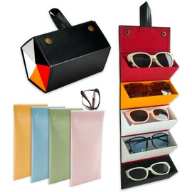 5 Slot Sunglasses Organizer Case with 5 Pcs Soft Glasses Case Pouch, Portable Travel Glasses Holder Sunglasses Storage, Foldable Eyeglass Organizer Sunglass Storage Box for Women Men Home Display