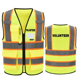 AYKRM Security Vest for Men Women 7 Pockets High Visibility Reflective Safety Vest Front Zipper Meets ANSI/ISEA, Yellow-volunteer, 3X-Large
