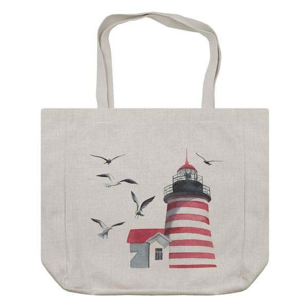 Ambesonne Lighthouse Shopping Bag, Lighthouse and Seagulls on the Beach