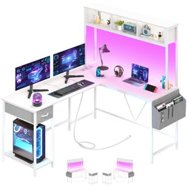 Yoobure L Shaped Desk with Drawers, Reversible L-Shaped Computer Desk, Corner Desks Home Office Desk with Drawer, Gaming Desk with LED Lights & Power Outlet, White