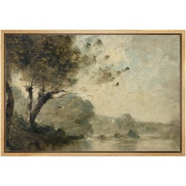 SIGNLEADER Framed Canvas Print Wall Art Impressionist Riverside Trees Classic Illustrations Fine Art Colorful Multicolor Warm for Living Room, Bedroom, Office - 24"x36" NATURAL