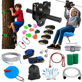 GCCSJ 160FT Zip Line Kit for Kids and Adult Up to 400 lbs with Zipline Spring Brake and Safety Harness, Zip line Trolley with Handle and Thickened Seat for Backyard Playground Entertainment