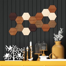 Wooden Hexagon Wall Decor, 15 Pcs Creative Removable Hexagonal Wall Stickers, DIY Modern Geometric Wood Wall Art Decor, 3D Wooden Hexagon Wall Tiles for Living Room, TV Background, Office, 5.9" x 5.1”