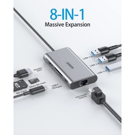 USB C Hub HDMI 4K, KUKIY 8-in-1 USB-C Hub with 1Gbps Ethernet, 100W Power Delivery, SD/TF Card Slots, 3X USB 3.0 5Gbps Data Ports, for M1 MacBook Pro, MacBook Air