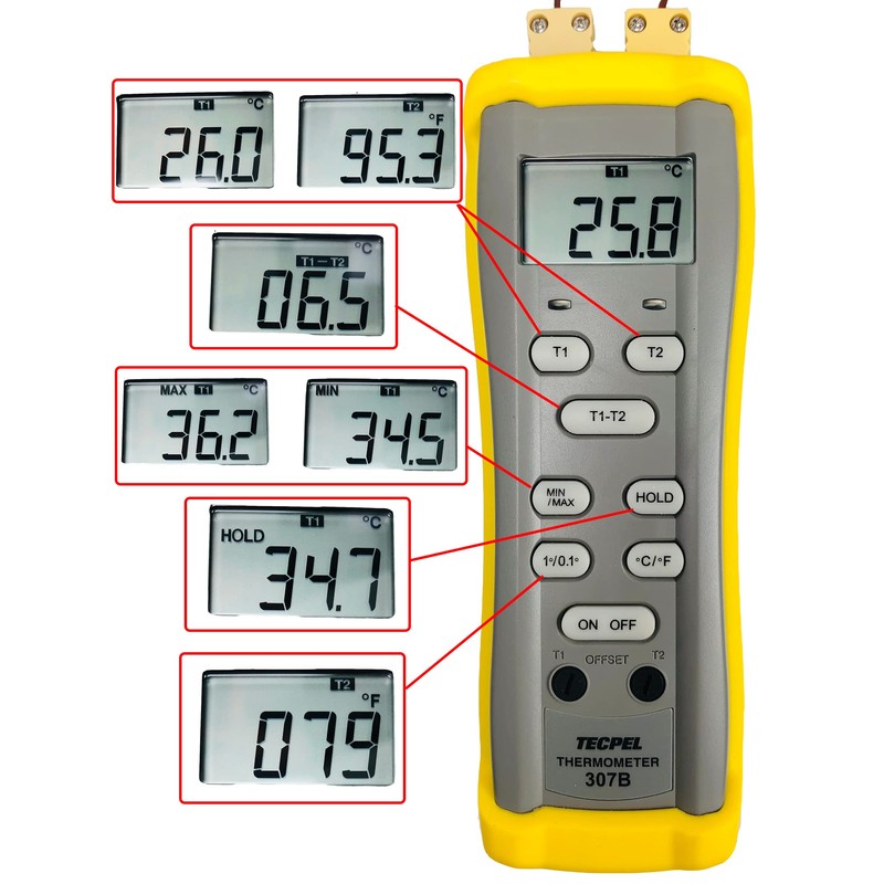 TECPEL DTM-307B digital Dual input Thermometer with type k bead
