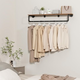 YheenLf Industrial Pipe Clothes Rack, Wall Mounted Garment Rack, Heavy Duty Iron Shelf with Hanging Rod for Hanging Clothes, 41.3x10.2x5.9 Inch, Black