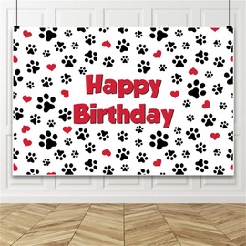 Renaiss 7x5ft Pet Footprints Birthday Backdrop Red Hearts Dog Cat Paw Prints Birthday Background for Photography Pet Themed Happy Birthday Party Banner Cat Dog Footprints Birthday Photo Booth Props