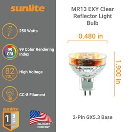 Sunlite MR13 EXY Clear Reflector Light Bulb, 250 Watts, 82V, 2-Pin GX5.3 Base, 99 CRI, 3250K Warm White, Ideal for Slide Projector, Medical & Industrial Lighting, 1 Pack