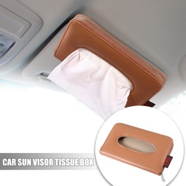X AUTOHAUX Car Sun Visor Backseat Tissue Napkin Box Holder PU Leather Brown